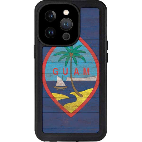 Guam Flag Dark Wood iPhone 14 Pro Waterproof Case